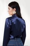 Kadın Lacivert Hafif Dökümlü Saten Yüzeyli Gömlek HZL22W-BD139641