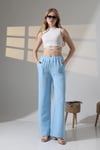 Kadın Mavi Beli Lastikli Müslin Kumaş Bol Paça Pantolon HZL25S-DSB12221