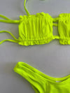 Kadın Neon Yeşil İp Bağlamalı Büzgülü Straplez Bikini Takım HZL25S-LC2226
