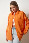 Kadın Oranj Tek Cepli Oversize Keten Ayrobin Gömlek HZL24S-BD1201531