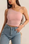 Kadın Pembe Askılı Tek Omuz Likralı Crop Bluz HZL23S-SND120171