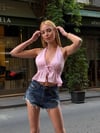 Kadın Pembe Boyundan Bağlamalı Sırtı Açık Keten Bluz HZL24S-ZK11081