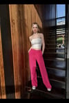 Kadın Pembe Cepli Beli Lastikli Bol Paça Keten Pantolon HZL24S-ZK11051
