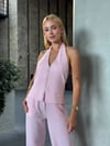 Kadın Pembe Çizgili Önü Fermuarlı Bluz Pantolon İkili Takım HZL25S-ZK13691