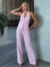 Kadın Pembe Çizgili Önü Fermuarlı Bluz Pantolon İkili Takım HZL25S-ZK13691