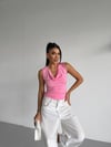 Kadın Pembe Degaje Yaka Yanlardan Drapeli Sandy Bluz HZL25S-FRY123131