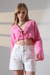 Kadın Pembe Önden Bağlamalı Müslin Kumaş Crop Bluz HZL25S-DSB104071