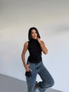 Kadın Siyah Balıkçı Yaka Sıfır Kol Sandy Crop Bluz HZL26S-FRY123931