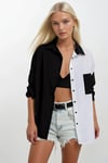 Kadın Siyah Beyaz Renk Bloklu Poplin Basic Gömlek HZL22S-BD1201161