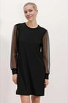 Kadın Siyah Bisiklet Yaka Tül Kollu Mini Elbise HZL24S-BD124671