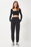 Kadın Siyah Cepli Kordon Kemerli Jogger Eşofman Pantolon HZL25W-BD166741