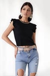 Kadın Siyah Fırfır Kollu Zincir Kolyeli Örme Bluz HZL22S-BD104301
