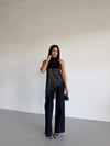 Kadın Siyah Halter Yaka Dantel İşlemeli Asimetrik Saten Bluz HZL26S-FRY123901