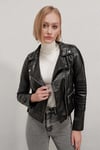 Kadın Siyah Kısa Suni Deri Astarlı Biker Ceket HZL22W-BD110251
