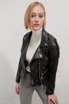 Kadın Siyah Kısa Suni Deri Astarlı Biker Ceket HZL22W-BD110251