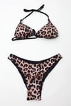 Kadın Siyah Leopar İp Bağlamalı Astarlı Üçgen Bikini Takım HZL24S-LC204