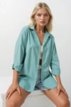 Kadın Su Yeşili Oversize Uzun Basic Gömlek  HZL22W-BD139001