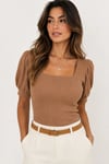 Kadın Sütlü Kahve Kare Yaka Örme Bluz HZL22W-BD104091