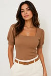 Kadın Sütlü Kahve Kare Yaka Örme Bluz HZL22W-BD104091