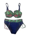 Kadın Yeşil Çiçek Desenli Büyük Beden Astarlı Lacivert Bikini Takım HZL25S-LC3301