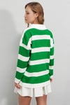 Kadın Yeşil Çizgili Polo Yaka Fermuarlı Oversize Triko Kazak  HZL23W-BD145121