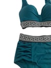 Kadın Yeşil Yüksek Bel Yanları Şerit Detaylı Desenli Lastikli Destekli Bikini Takımı HZL25S-LC201