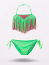 Kız Çocuk Neon Yeşil Püsküllü Astarlı Bikini Takımı 4-12 Yaş  HZL26S-LC18112