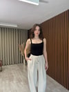 Beli İp Bağlamalı Tensel Pantolon (Beyaz-Vizon)