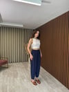 Beli İp Bağlamalı Tensel Pantolon (Beyaz-Vizon)