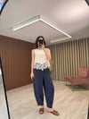 Beli İp Bağlamalı Tensel Pantolon (Beyaz-Vizon)