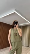 Kolyeli Keten Bluz (Krem-Yeşil)