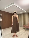 Sırtı Lastikli Keten Elbise (Kahve)