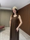 Sırtı Lastikli Keten Elbise (Kahve)