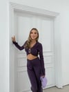 AKSESUAR DETAY BLUZ VE DRAPE PANTOLONLU İKİLİ TAKIM MOR