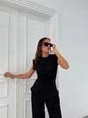 AKSESUAR DETAY BLUZ VE PANTOLONLU GOFRE İKİLİ TAKIM SİYAH