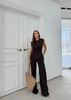 AKSESUAR DETAY BLUZ VE PANTOLONLU GOFRE İKİLİ TAKIM KAHVE