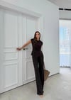 AKSESUAR DETAY BLUZ VE PANTOLONLU GOFRE İKİLİ TAKIM KAHVE