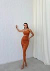 AKSESUAR DETAY TEK OMUZ BEL DEKOLTE SANDY ELBİSE TURUNCU