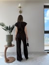 Asimetrik Detay Bluz ve Pantolonlu Double Kumas İkili Takım Kahve 2272