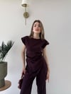 Asimetrik Detay Bluz ve Pantolonlu Double Kumas İkili Takım Mürdüm 2272