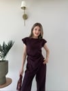 Asimetrik Detay Bluz ve Pantolonlu Double Kumas İkili Takım Mürdüm 2272