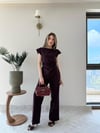 Asimetrik Detay Bluz ve Pantolonlu Double Kumas İkili Takım Mürdüm 2272