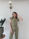 Asimetrik Detay Bluz ve Pantolonlu Double Kumas İkili Takım Haki 2272