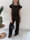Asimetrik Detay Bluz ve Pantolonlu Double Kumas İkili Takım Kahve 2272