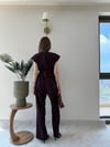Asimetrik Detay Bluz ve Pantolonlu Double Kumas İkili Takım Mürdüm 2272