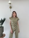 Asimetrik Detay Bluz ve Pantolonlu Double Kumas İkili Takım Haki 2272