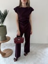 Asimetrik Detay Bluz ve Pantolonlu Double Kumas İkili Takım Mürdüm 2272