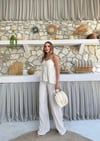 ASKI TERS DİKİŞ DETAY BLUZ VE PANTOLON GÖFRE İKİLİ TAKIM KREM