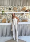 ASKI TERS DİKİŞ DETAY BLUZ VE PANTOLON GÖFRE İKİLİ TAKIM KREM