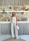 ASKI TERS DİKİŞ DETAY BLUZ VE PANTOLON GÖFRE İKİLİ TAKIM KREM